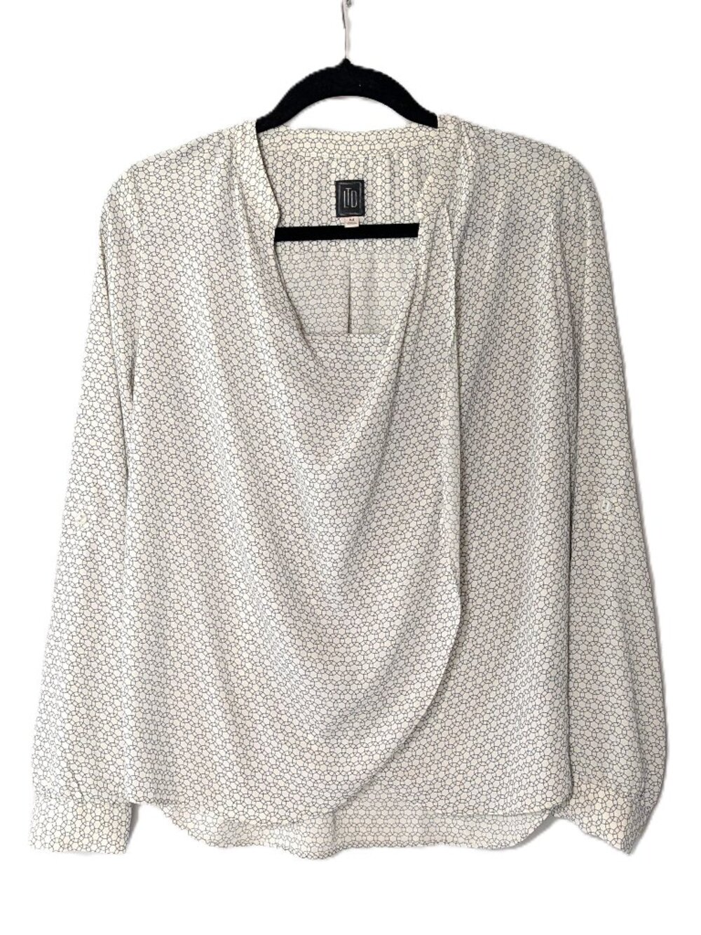 The Limited Geometric Circle Drape Front Roll Tab Blouse Black White M